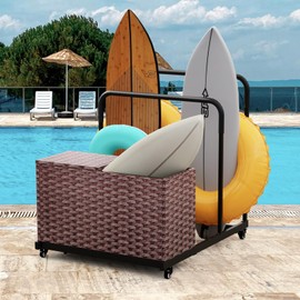 FONTOI Pool Storage, Pool Float Storage Bin with Wheels, Waterproof Rattan UV Print Outdoor Pool Towel Rack, All-Weather Deck Storage Box for Outdoor Patio Floats, Brown