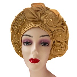 SugeGasa Auto Gele Headties Aso Oke Headtie Already Made African Head Wrap Beading Wedding Nigerian Fashion Headbands Women's Turban Hats&Caps (Gold)