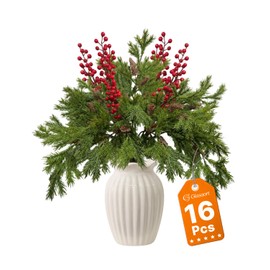 16Pcs 25'' Christmas Greenery with Red Berries,Artificial Pine Branches, Artificial Greenery DIY.