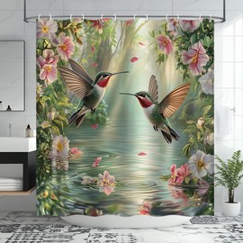 JEJOMEAG Hummingbird Flowers Shower Curtain Rainforest Wildflower Floral Rustic Nature Garden Fabric Bathroom Decor Curtain with Hooks, 70Wx70H