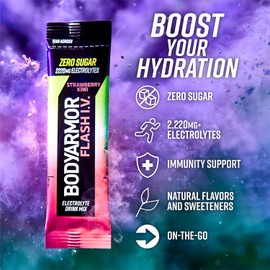 BODYARMOR Flash IV Electrolyte Packets, Strawberry Kiwi - Zero Sugar Drink Mix, Single Serve Packs, Coconut Water Powder (6 Count)
