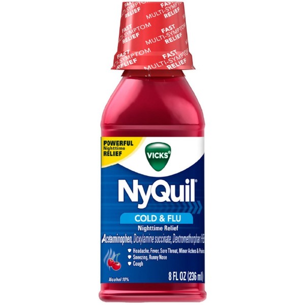Vicks Nyquil Cold & Flu Nighttime Relief Liquid, Cherry Flavor 8 oz (Pack of 3)