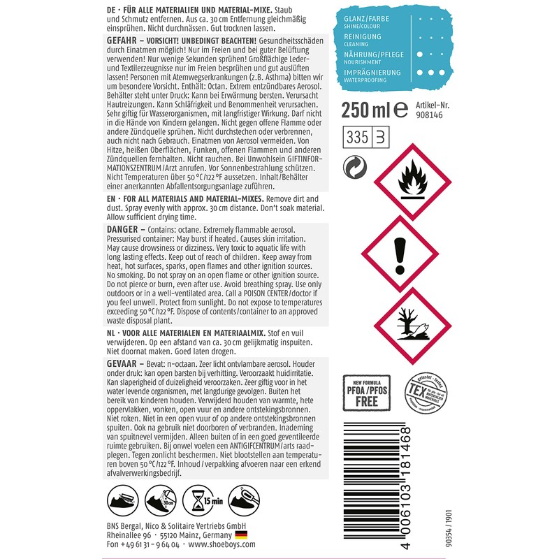 SHOEBOY'S Trainer Protector 250 Ml Shoe impregnator for Spraying, Dirt