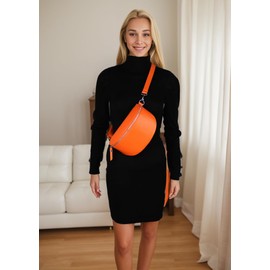 MIRROSI® Women's Bum Bag, Made in Italy, Genuine Leather Shoulder Bag, Chest Bag, Crossbody Bag Made of Genuine Leather, Available in 3 Sizes, Orange (Silver Zipper)