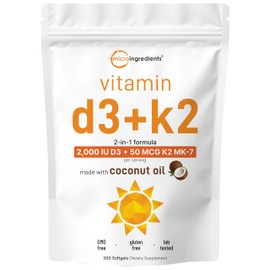 Micro Ingredients Vitamin D3 2,000 IU + K2 MK-7 50 mcg, 300 Softgels | Virgin Coconut Oil | 2-in-1 Bone, Immune & Heart Support | Easy to Swallow, Non-GMO