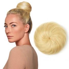 isheeny Small Human Hair Bun Straight Fake Hair Extension with Drawstring Updo & Donut Chignon Design, Blonde for Women Girls Ladies