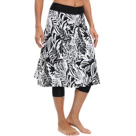 Micosuza Long Swim Skirt with Attached Leggings Modest Sun Protection Sports Skirt for Women Black-Leaves