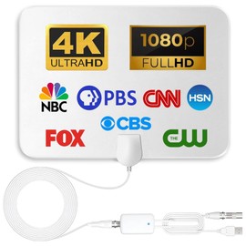 SUFFIC Antena de TV Digital HD Interior, Antena con Amplificador de Señal Amplificada Inteligente, Recepción de Largo Alcance, Compatible con Canales Locales 4K 1080p (Blanco)