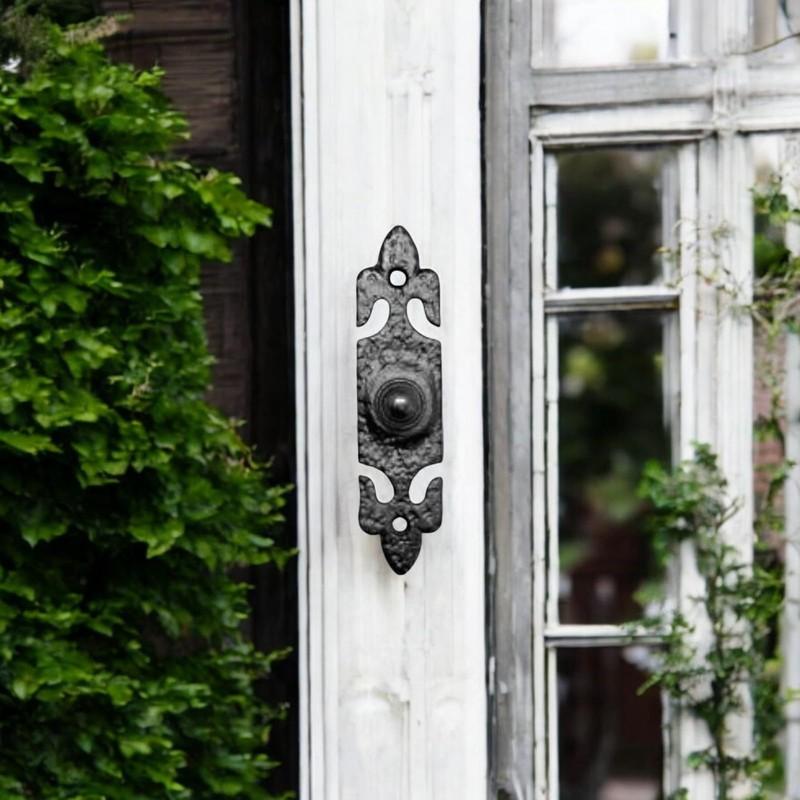 Decorative Cast Iron Push Doorbell, Fleur De LYS Design, Black