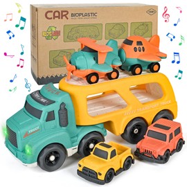 ISMETACU Car Carrier Toy Truck Light&Sound, Truck & Car Toys for Toddlers 1-3,2-4,3-5 Years Old Boys Girls,Christmas Birthday Gifts for 1-7 Year Kids.Wheat Straw Made Recycled Plastic, BPA Free