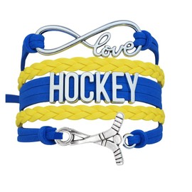 Sportybella Hockey Charm Bracelet – Blue and Yellow Infinity Love Wrap Wristband with Hockey Stick Charm – Gift for Hockey Players, Teams, and Fans