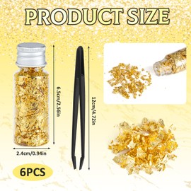 dsDAEDK 6 Bottles Gold Leaf Flakes, Gold Leaf for Crafts, Multifunctional Gold Foil Flakes, Gold Foil Paper with Tweezers for Crafts, Nail Art, Home Decoration (Gold)