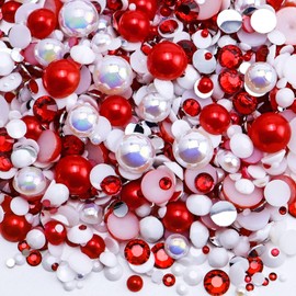 Briskbloom 60g Mix Flatback Pearls and Flatback Rhinestones for Crafts, 3620PCS Red White Pearl Rhinestones for Nails Face Art Tumblers, Jelly Rhinestones and Half Pearls, with Tweezers Wax Pen