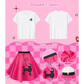 10Pcs Sock Hop Outfits Costume Women, 1950s Poodle Skirts, Poodle T-Shirt with 50s Accessories Set Scarf Headband Belt Socks Eyeglasses Earrings (Hot Pink-M)