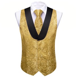Barry.Wang Mens Vest Set Paisley Silk U-neck Shawl Waistcoat Tie Set 6PC Tuxedo Wedding for Men Dress Suit Vest S-3XL
