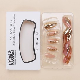 Almond Shaped Press On Nails Medium Fake Nails French Press on False Nails with Gold Border Designs Sweet Cool Acrylic Nails Full Cover Almond Nails Press on Glue on Stick On Nails for Women 24PCS