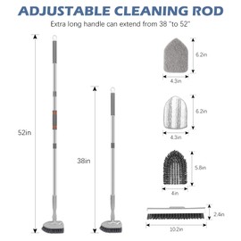 SetSail 4-in-1 Tile Tub Floor Scrubber with 52-inch Long Adjustable Handle Shower Cleaner Brush with V-Shaped Grout Brush and 3 Replacement Brush Heads for Bathroom Kitchen Sink Walls Tub Tile, Grey