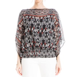 Max Studio Women's Georgette Split Sleeve Poncho Blouse, Black/Earth Large Feather Frond