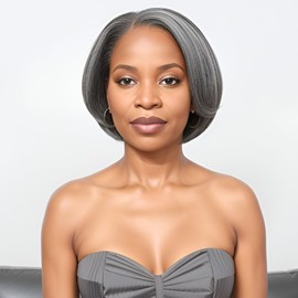 BAOHUKE Salt And Pepper Grey Human Hair Wigs Glueless Straight Grey Pixie Wig Human Hair 5x5 Closure Pre Cut HD Lace Pre Plucked Hairline Gray Short Bob Wigs for Black Women 8 Inch