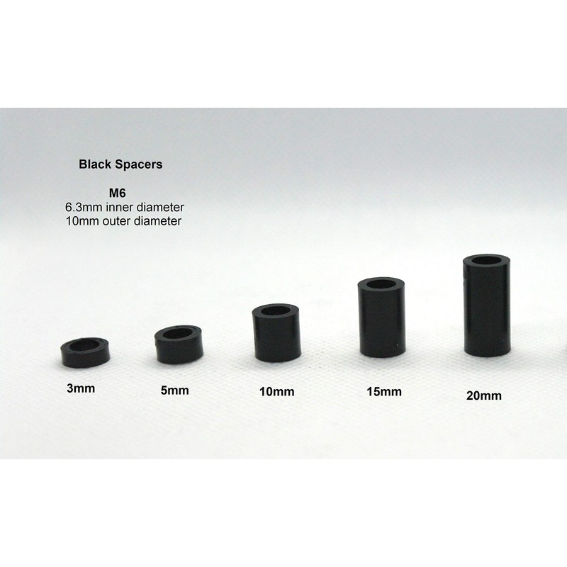 Black Spacers Nylon Cylindrical Unthreaded M6 x 5mm Length, 6.3mm