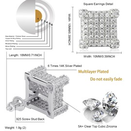 TOPGRILLZ 925 Sterling Silver Square Screw Stud Earrings 14K Gold Plated 5A+ Cubic Zirconia Iced Out Square Screw Back Hypoallergenic Cube Large Stud Earrings For Men Women(03Silver)