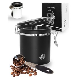 Pro@Home43 - Coffee Canister 500 g / 1.5 L - Black - Coffee Bean Storage Container Made of Stainless Steel, Airtight, Includes Stainless Steel Dosing Spoon and CO2 Replacement Valves, with Date