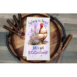 Spring is Here Let's Get Eggcited Microfiber White Waffle Weave Towel. 16 x 24 in. Absorbent, No Lint, Thick, Reusable, Commercial, Soft, Hand