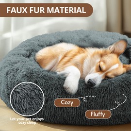 JOLLYVOGUE Calming Dog & Cat Bed for Small Dogs, Anti-Anxiety Donut Cuddler Cozy Soft Round Bed with Anti-Slip Bottom, Fluffy Faux Fur Plush Cushion Beds for Small Medium Dogs (20")