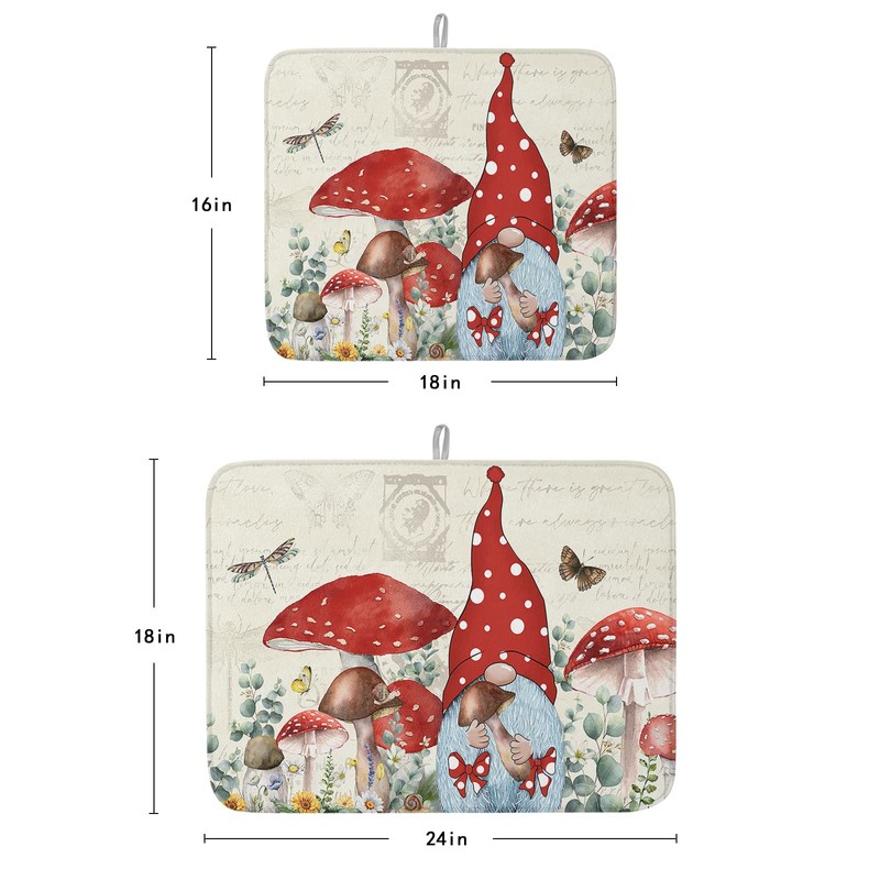 LIFEMUSION Mushroom Dish Drying Mat for Kitchen Counter, Red Gnomes