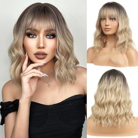 BERON Peluca de pelo corto ondulado para mujer, de 35,5 cm, para Halloween, cosplay, día a día, fiesta, color negro a rubio