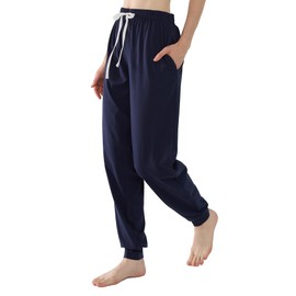 Women Cotton Lounge Pants Cuffed Drawstring Elastic Pajama Sleep Bottoms with Pockets (Navy Blue, Large)