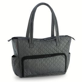 Quilted Shoulder Beauty Bag With Brush Storage Pocket Ideal for Cosmetic Bottles Brushes (Grey)