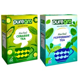 Puregro Tea COMBO PACK | Cerassie and Peppermint 40g (20 Tea Bags) | EACH ONE | Herbal Tea | 100% Pure Natural | CAFFEINE FREE.