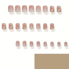 24Pcs Gold Butterfly Press on Nails Short Square Fake Nails with Gradient Designs French Line False Nails Spring Butterflies Glue on Nails Glossy Full Cover Nude Acrylic Nails for Women Girls