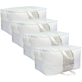 DoYiKe Soft Canvas Clothes Storage Bags with Four Carrying Handles and Clear Window, Closet Organizer for Clothing, Blankets Sheets Pillows and Bedding, 55L, 4 Pack, White
