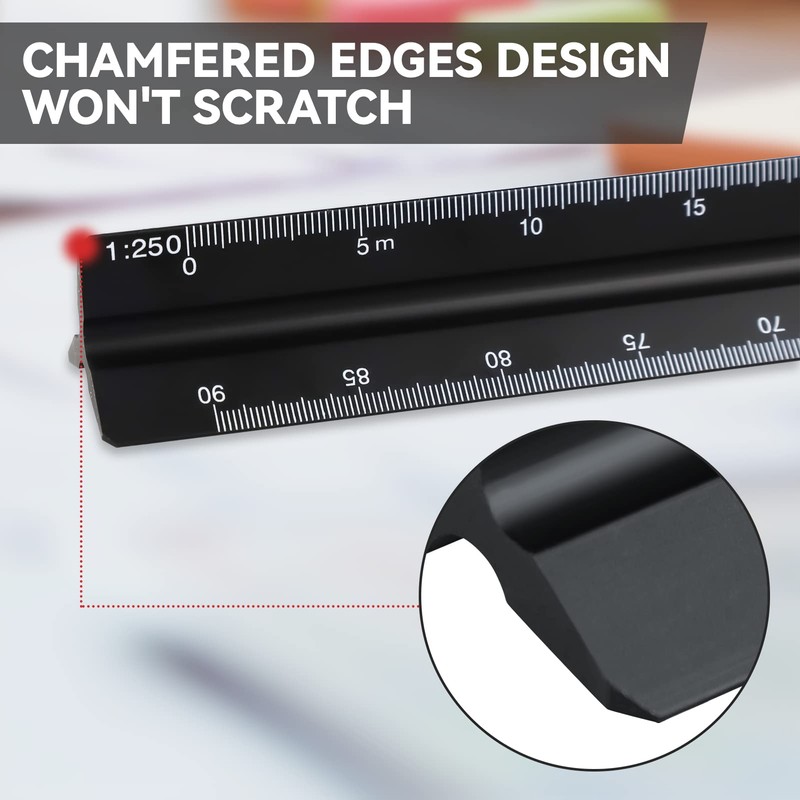 2Pcs Architectural Scale Ruler, Black Aluminum Triangular Scale Ruler 30cm,