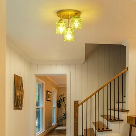 Vintage Gold Semi Flush Mount Ceiling Light, 3-Light Kitchen Ceiling Light Fixture with Green Glass Shade, Farmhouse Modern Close to Ceiling Lighting for Dining Room Hallway Foyer Entryway Bedroom