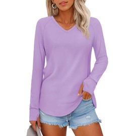 YUCOLEN Long Sleeve Tunic for Women V Neck Oversized Shirts Casual Loose Side Split Tops with Thumb Holes Purple S