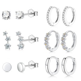 6 Pairs Sterling Silver Earrings for Women, Hypoallergenic Silver Stud Earrings and Hoop Earrings Set with Cubic Zirconia | Small Cartilage Huggie Earrings for Ladies Teens Girls Kids Jewellery Gifts