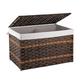OIAHOMY Extra Large Storage Basket with Lid, 42.3 Gallon (160L) Blanket Basket with Removable Liner Bag, Wicker Basket with Handle, Foldable, Handwoven Basket for Bedroom, Living Room, Brown