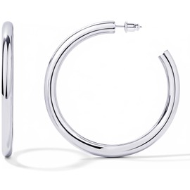 Claro Clivo 14K White Gold-Plated, Lightweight, Chunky, Open, Hoop Earrings For Women (60MM Hoop, 4.5MM Thick, Stainless Steel Pin, 1 Pair)