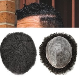 FACE MIRACLE Men's Toupee For Black Men Afro Curly African American Wigs Hair Unit 8"x10'' 6mm man weave Invisible Full Poly Skin PU Injection Base System 120% Density (8"10", 1# Jet Black-6MM)