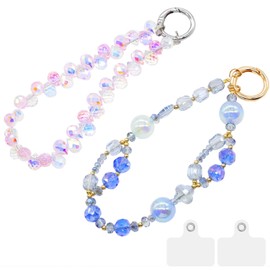 HYLEBOR Crystal Phone Wrist Strap, 2 Pack Beaded Phone Lanyard, Cellphone Chain Keychain, Sparkling Wristlet Bracelet for Women (Pink+Blue)