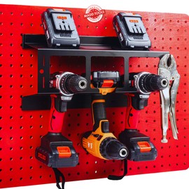 Pegboard Drill Holder for 1/4" pegboard Holes - Organize Drills on Pegboard, Heavy Duty Rack Stores up to 3 Drills, 1/4" Pegboard Accessories with Peg Board Pegs Hooks for Hanging Tools