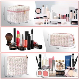 Teiniuby 3 PC Floral Makeup Bag Set, Pink Quilted Make Up Bag, Aesthetic Large Floral Cosmetic Pouch for Women, Cute Cotton Makeup Bags, Flower Travel Toiletry Organizer Bag