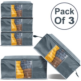 Garment Guardians 35L Clothes Storage Bag Underbed Wardrobe Foldable Storage Boxes with Lids | Storage Organiser | Breathable Fabric | Clear Window for Blankets, Bedding, Clothing,Pack of 3 (Grey)