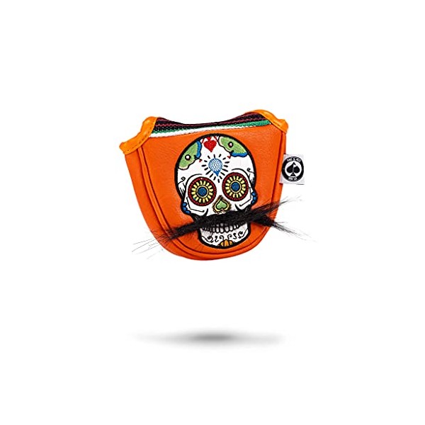 Pins & Aces LE Sugar Skull Mustache Mallet Putter Head Cover - Premium, Hand-Made Leather Putter Headcover - Funny, Tour Quality Golf Club Cover - Style and Customize Your Golf Bag (Orange)