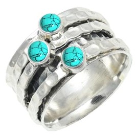 JEWELSTREZORO Lab Created Turquoise Gemstone Silver Band Ring Solid 925 Sterling Silver Band Ring Handmade for Men And Women Band Ring TSR1269BU_16 (P 1/2)