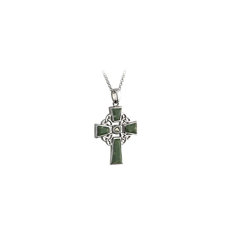 Failte Silver with Marcasite & Connemara Marble Celtic Cross-Irish Made