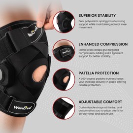 Welnove Knee Brace Support & Compression. Knee Sleeve Cross Straps for Knee Stability, Removable Metal Hinges for Running, Workout, Meniscus Tear, ACL, MCL, Arthritis - Men and Women(X-Large)